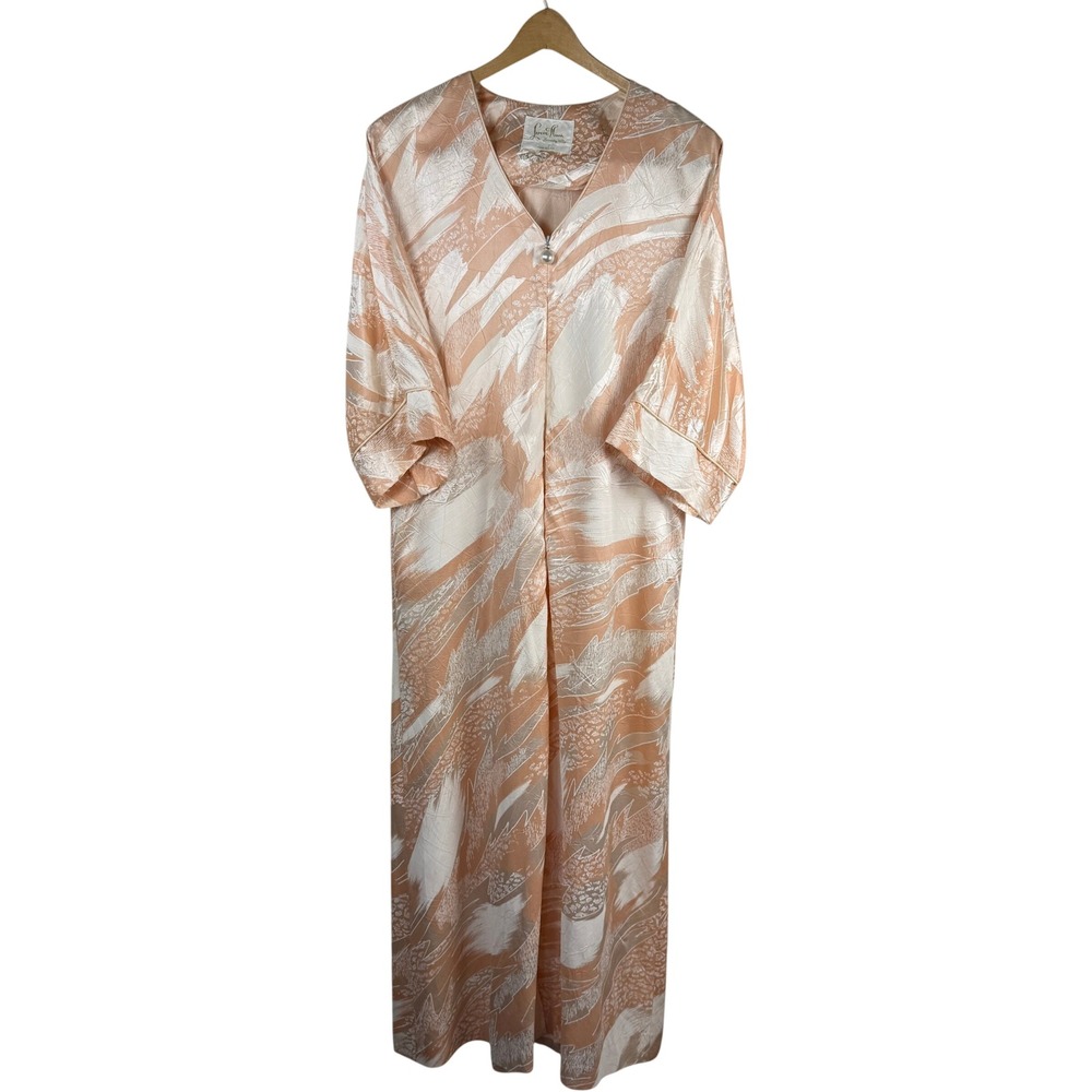Vintage Lucie Ann Beverly Hills Hostess Gown Peach Satin Pearl Zip Robe USA